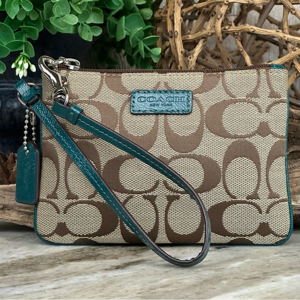 EUC COACH - Signature C Monogram Khaki & Brown Teal Leather Trim Wristlet & Tag